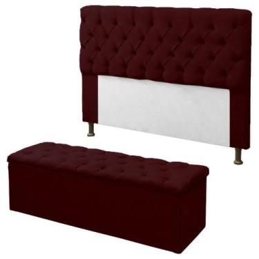 Imagem de Kit Cabeceira + Calçadeira Baú Mirage Casal 140cm Vermelho Bordo - Dl