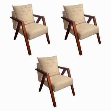 Imagem de Kit 3 Poltronas Monalisa Decorativa Mona Pés de Madeira Maciça Linho Bege