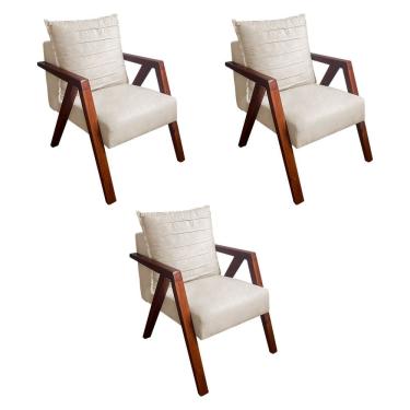 Imagem de Kit 3 Poltronas Monalisa Decorativa Mona Pés de Madeira Maciça Suede Bege Claro