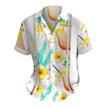 Imagem de Camisas masculinas manga curta stretch casual Aloha camisa férias masculina tropical abotoada praia camisas, Amarelo - C, XXG