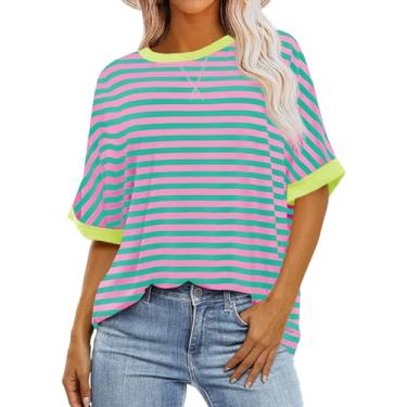 Imagem de Tankaneo Blusa feminina listrada casual meia manga color block tops verão gola redonda, rosa, GG