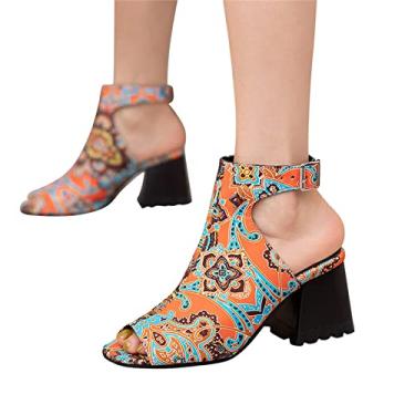 Imagem de Sandálias femininas elegantes de verão salto grosso para mulheres, com fivela de tiras, sandálias de tornozelo peep toe para mulheres, Laranja, 9