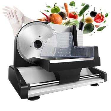 Imagem de forplubossmmp Cortador de alimentos elétrico de delicatessen, máquina de cortar vegetais com lâmina de aço inoxidável removível e empurrador de alimentos, máquina automática de fatiar carne para