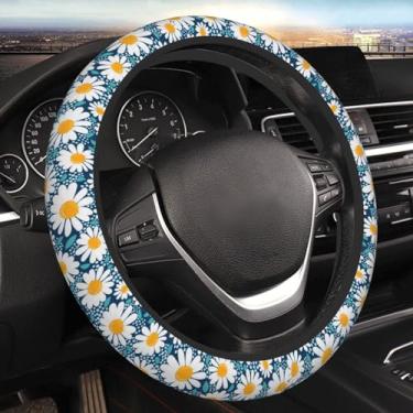 Imagem de Capa de volante floral de camomila bonita margarida para mulheres, homens, meninas, acessórios de carro, decoração, antiderrapante, neoprene, capas de volante automotivas, protetor universal de 38 cm
