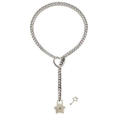 Imagem de paloli Colar feminino de corrente deslizante, gargantilha cubana de coração com cadeado de estrela e chave, colar em Y punk rock ajustável para mulheres (prata, comprimento 81 cm), 32'', Zinco, Sem