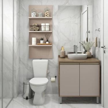 Imagem de Gabinete Balcão Armário Banheiro Yara 80cm e Painel c/ Prateleiras - L