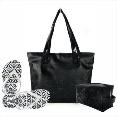 Imagem de Kit Feminino Casual Arabescos Com Bolsa Necessaire e Chinelo Preto Mag