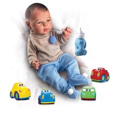Imagem de Kit Boneca Realista Reborn Menino + Carro Baby Cars - Big Star e Milk 