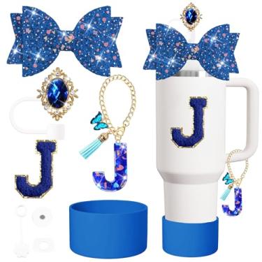 Imagem de XIANGYUAN Conjunto de acessórios para copos Stanley de 8 peças, incluindo tampa e bota de cobertura de palha de silicone, tampa à prova de derramamento, pingente de alça, adesivo Lette (azul escuro J)