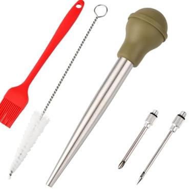Imagem de Kalsreui Baster de peru, seringa de aço inoxidável 18/8 para cozinhar, conjunto de injetor de carne com 2 agulhas e 2 pincéis de limpeza, baster para sabor de carne de aves, carne e frango verde