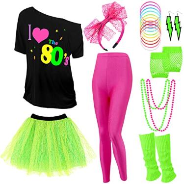 Imagem de Vabean Conjunto de 19 peças, fantasia dos anos 80, leggings, saia tutu, faixa de cabeça, colar, pulseiras, brincos, luvas, polainas femininas, Leggings rosa vermelha, X-Large
