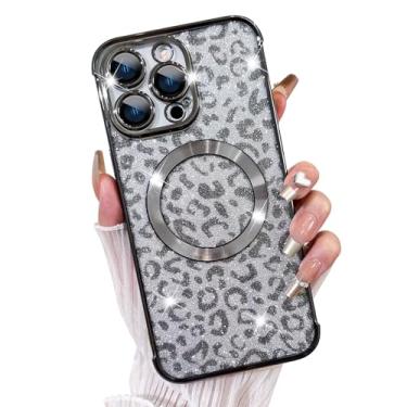 Imagem de Fiyart Capa projetada para iPhone 14 Pro Max, compatível com MagSafe Cheetah Print Plating Capa de telefone transparente, estampa de leopardo com glitter magnético para mulheres e meninas, capa de