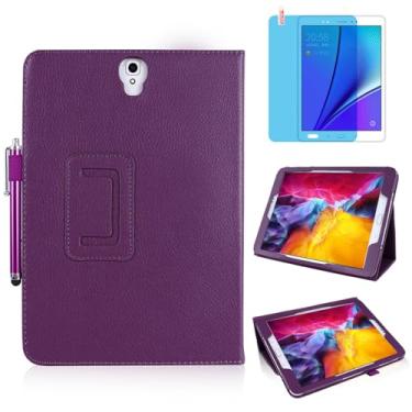 Imagem de Capa de couro fina para Samsung Galaxy Tab S3 de 9,7 polegadas 2017 (SM-T820 T825 T827), suporte multiângulo, capa protetora completa para tablet com caneta Stylus, película de tela (roxa)