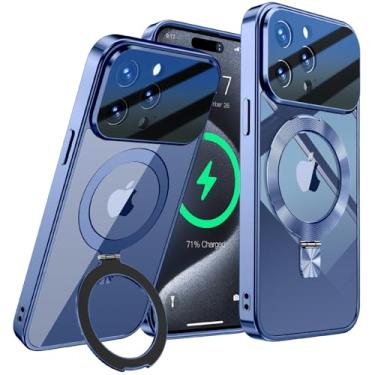 Imagem de [Proteção total da lente da câmera + anel de CD compatível com suporte MagSafe] Capa magnética para iPhone 15 Pro, proteção contra quedas de nível militar galvanizada, não amarela, capa transparente