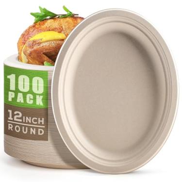 Imagem de Gezond Pratos de papel ovais 100% compostáveis, pacote com 100 unidades, grandes, descartáveis e resistentes, placas ecológicas de fibra de cana de açúcar, biodegradáveis para festas, churrasco e