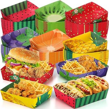 Imagem de Pacote com 48 bandejas de papel de frutas, estampa de frutas de verão 2,3 kg, bandejas descartáveis para servir batatas fritas, cachorro-quente, taco, churrasco pipoca para aniversário temático, chá