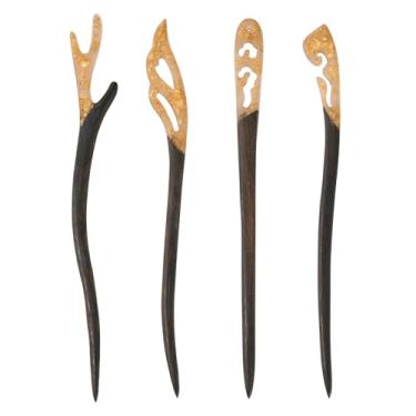 Imagem de FASHEWELRY 4 peças de palitos de cabelo de madeira de resina de sândalo para mulheres e meninas, acessórios de cabelo chineses vintage pauzinhos para coque de cabelo, folha dourada, alfinete de cabelo