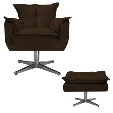 Imagem de Kit Poltrona e Puff Opala Base Giratória de Metal Suede Marrom - DAMAF
