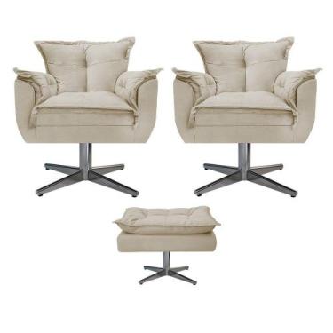 Imagem de Kit 02 Poltronas e Puff Opala Base Giratória de Metal Suede Bege - DAM