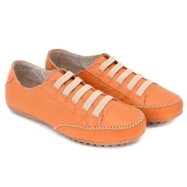 Imagem de Sapatênis Feminino Em Couro Legítimo De Elástico Cor Laranja Mod.101 -