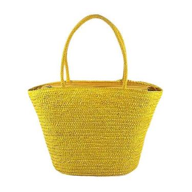 Imagem de Bolsa Feminina de Palha Amarela Praia Viagem Moda Sacola Bag Rattan Vi