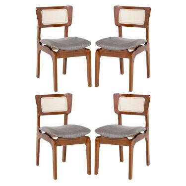 Imagem de Kit 4 Cadeiras de Jantar Portugal em Madeira Imbuia Tela Rattan Linho Cinza L55
