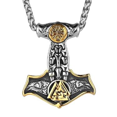 Imagem de LOBON Colar de martelo viking Thor Nordic Vegvisir Valknut pingente de aço inoxidável amuleto norueguês joia presente para homens e mulheres, Aço inoxidável, Sem Pedra Preciosa