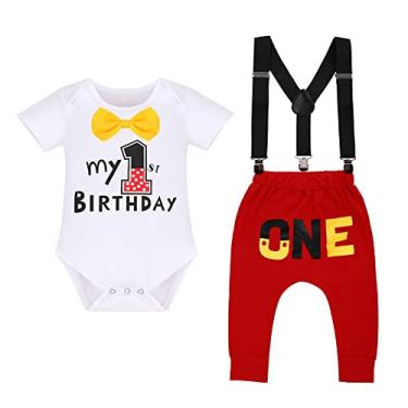 Imagem de Roupas formais de festa de primeiro aniversário para bebês meninos, fantasia de cake Smash para sessão de fotos, macacão masculino com gravata borboleta, suspensórios, branco, 12 a 18 meses