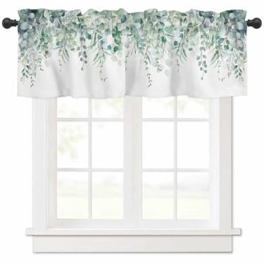 Imagem de Cortina de saia verde sálvia folhas de eucalipto primavera verde sálvia branco folhas de eucalipto cortinas curtas para cozinha, cortina de bolso de haste de folha de campo para banheiro sala de estar