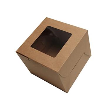 Imagem de PQZKLDP 12 pacotes de caixas de bolo kraft marrom de 6 x 6 x 5 polegadas com janela, embalagem para presente, caixas de padaria, sobremesa, pastelaria, cupcake, biscoitos de torta, com adesi