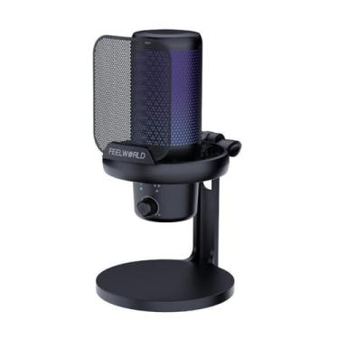 Imagem de FEELWORLD VM1 Microfone condensador USB para jogos, cancelamento de ruído, silencioso, luz RGB, suporte de mesa mudo de uma tecla (preto)
