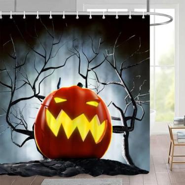 Imagem de Conjunto de cortinas de chuveiro de Halloween, cenas de abóbora, decoração de banheiro de feriado, cortinas de banho de tecido, 5527W, 210 x 180 cm, 83 x 70 pol.
