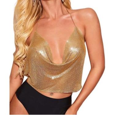 Imagem de Cropped Top Blusa Luxo Frente Única Metal Brilhoso Alça Fina - Modas F