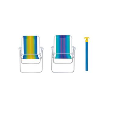 Imagem de Kit combo praia, piscina, camping, jardim, 2 cadeiras de praia + saca areia, alumínio, resistente, dobrável, fina, do mercado, fácil de guardar, cores sortidas, portáteis, para família.