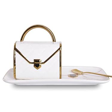 Imagem de WHJY Caneca de café azul rosa de cerâmica exclusiva, conjunto de xícara e pires e colher, presente de bolsa de chá da tarde fofo e chique, 283 g/300 ml, branco