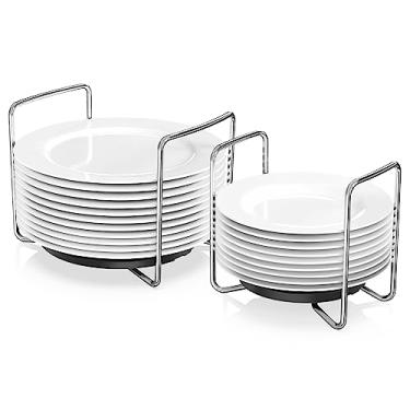 Imagem de Organizador de pratos para balcão de cozinha, suporte de pratos de bambu para armário, suporte de placa para armazenamento de gaveta de cozinha, pacote com 2, ajustável para 17 a 32 cm, aço inoxidável