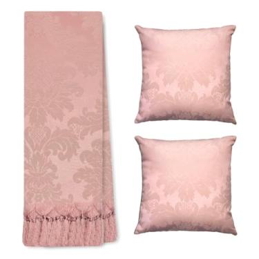 Imagem de Jogo Manta Xale para Sofá Artesanal com Franjas 1,40 x 2,20 com 2 Capas de almofadas (147 ROSÊ)