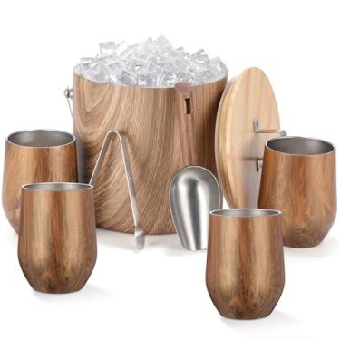 Imagem de Meekoo Balde de gelo de aço inoxidável para festas, balde de gelo isolado a vácuo de parede dupla 3L com tampa, colher, pinça e 4 copos de textura de madeira para champanhe, coquetéis, utensílios