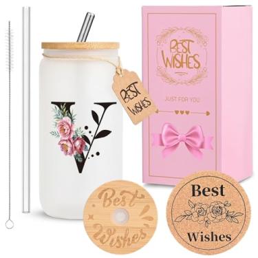 Imagem de HWJH Copo de vidro inicial personalizado para mulheres - Copo de vidro à prova de vazamento de 473 ml com tampa e canudos, conjunto de presente com monograma, copo reutilizável fosco fosco para café,