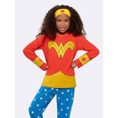 Imagem de Pijama Infantil Manga Longa Mulher Maravilha com Estampa Metalizada e 