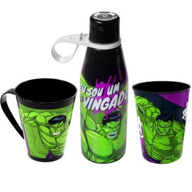 Imagem de Kit Infantil do Hulk para Café Suco e Refri Garrafa Xícara Plástica e 