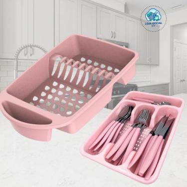 Imagem de Kit Talheres e Escorredor de Louças Rosa - Sem Marca