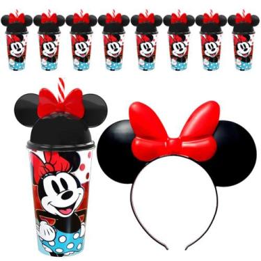 Imagem de Kit 10 Copos de Orelhas e Tiara Minnie Vermelho para Festa Infantil - 