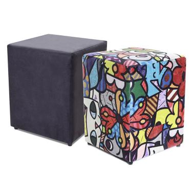 Imagem de Kit 2 Puffs Quadrados Decorativo 35x35x45cm Preto + Estampado bf Colchões