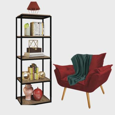 Imagem de Kit Poltrona Fatte com Manta Soft Verde e Estante Livreiro Ferro Preto mdf Rústico Sued...