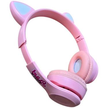Imagem de Fone ouvido bluetooth rosa led colorido alca ajustavel fm - POLIBRINQ