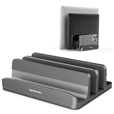 Imagem de AboveTEK Suporte vertical para laptop com 3 compartimentos para computador, tablet, telefone – serve para todos os modelos de laptop (até 17,3 polegadas) - Suporte de mesa de alumínio polido