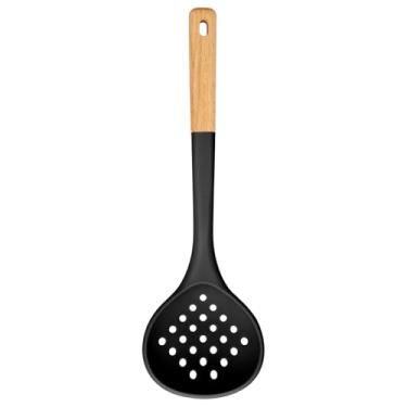 Imagem de Coador de concha de cozinha, colher grande com alta resistência ao calor, livre de BPA, escumadeiras antiaderentes para drenagem e fritura, 33,5 cm, preto