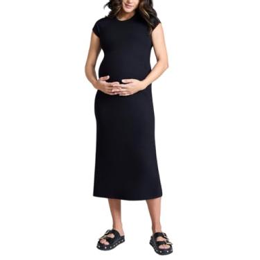 Imagem de Motherhood Maternity Vestido feminino colado ao corpo midi de malha canelada manga raglan, Preto, P