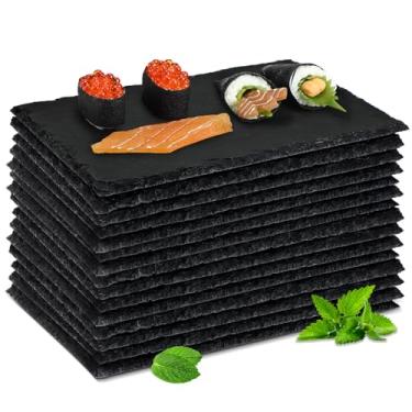 Imagem de Hoolerry 15 peças de tábuas de charcutaria de ardósia a granel, mini tábua de queijos de ardósia, travessas de sushi preto, pratos individuais de pedra para comida, aperitivos, queijo, carne, festa